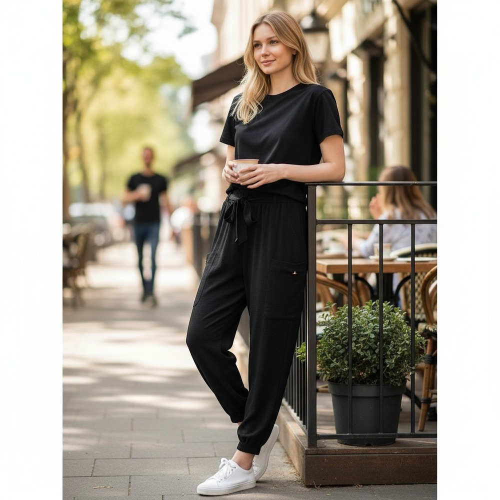 NYCC Jogger‎ Cargo Pants Women L Black Tie Waist Utility Pocket Minimalist Chic
